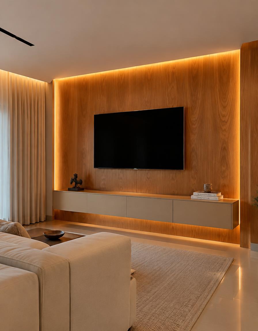 Sala com painel de TV em madeira e iluminação indireta