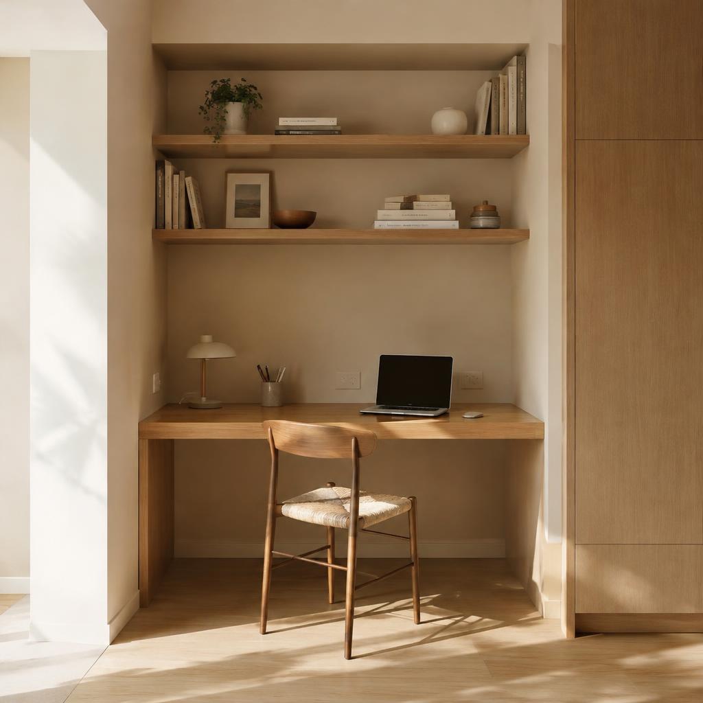 Home office minimalista com marcenaria integrada