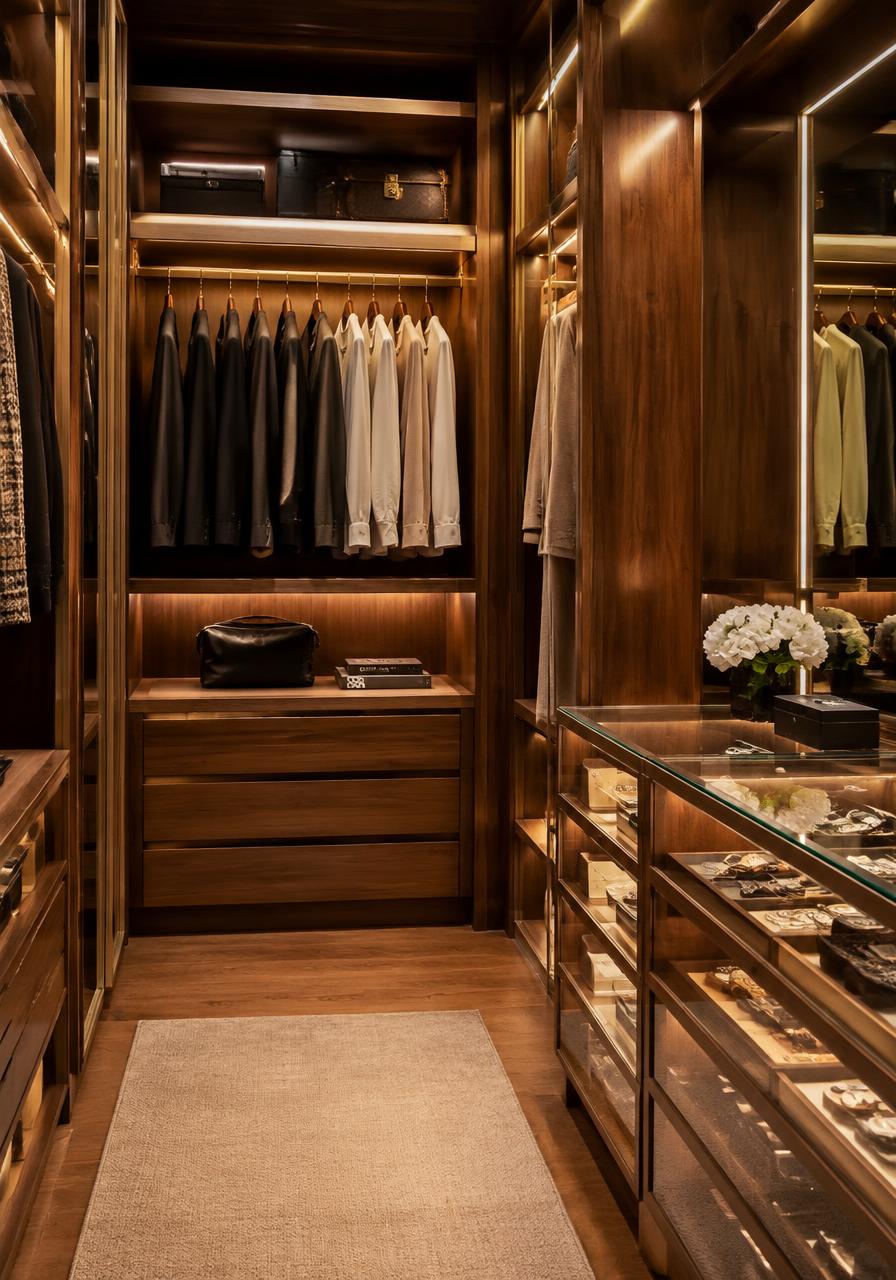 Closet sofisticado em nogueira com vitrine de vidro