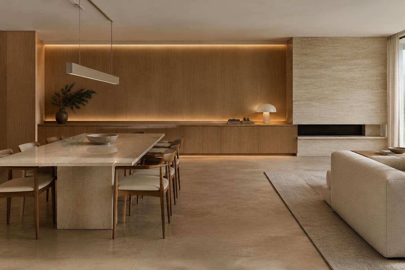 Living minimalista com aparador e painel de madeira com iluminação indireta